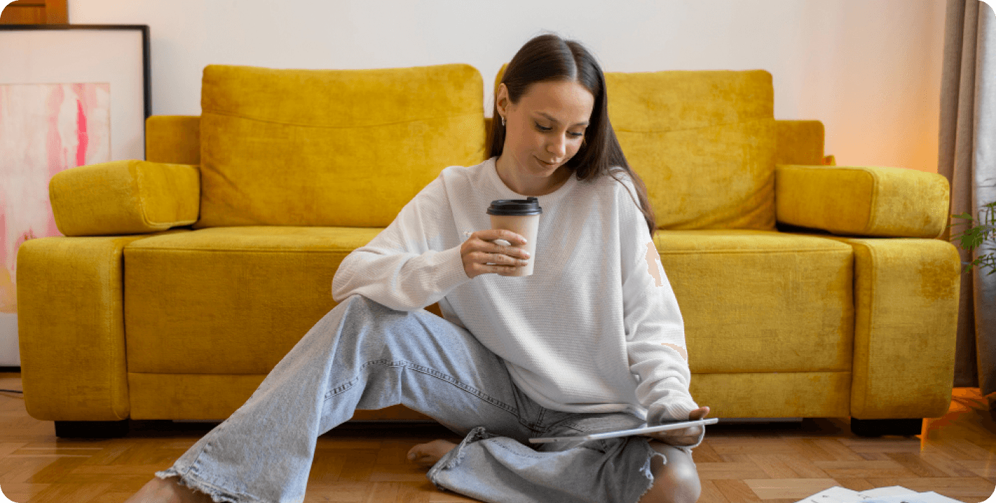 Woman relaxing at home practicing mindful spending